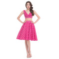 Belle Poque Zwei Stück Ärmellos V-Ausschnitt Deep Pink Polka Dots Retro Vintage Kleid BP000026-1